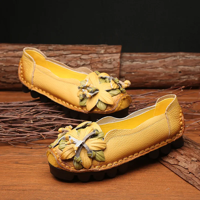 Women Genuine Leather Flats Shoes Woman Shoes 2017 Fashion Women Flower Soft Sole Round Toe Ladies Shoes Sewing Comfortable Flat fashion baby flats tassel soft sole cow leather shoes infant boy girl flats toddler moccasin 17mar20