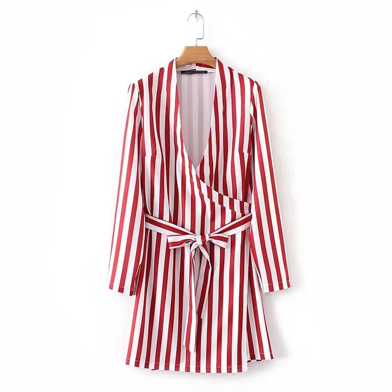 

2018 women vintage spring new style sexy deep v neck red stripe sashes kimono mini dress elegant vestidos casual dresses DS359