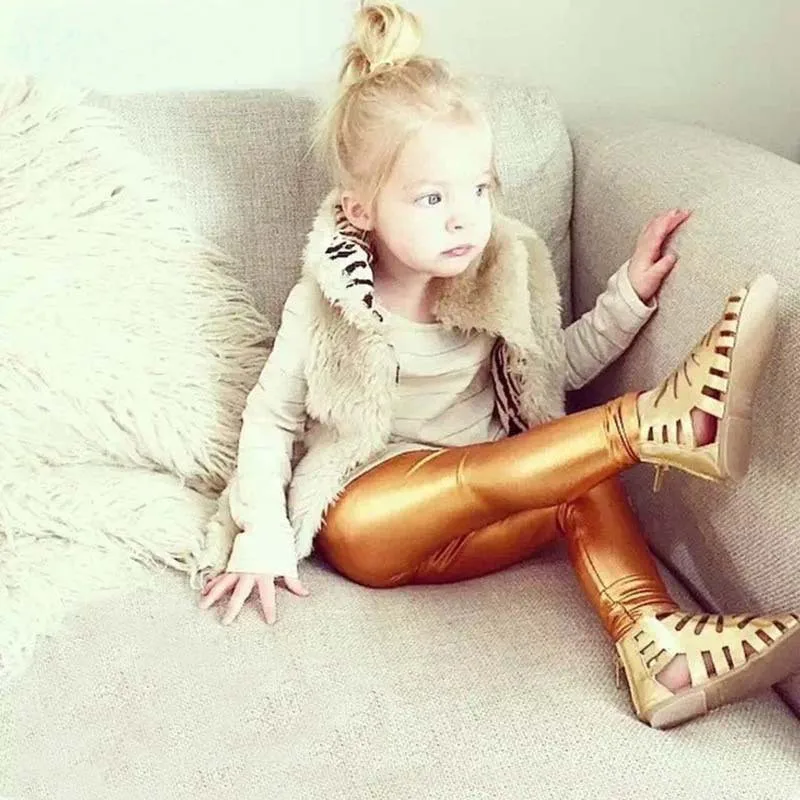 

2019 Baby Girl Metallic Shiny Skinny Pants Leggings Casual Cool Cropped Children Clothes girls ruffle leggings