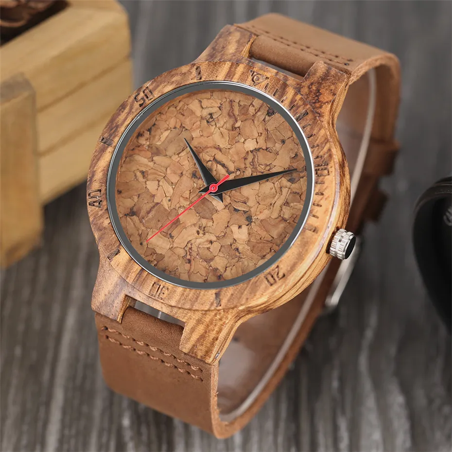 YISUYA Creative ZebraCork SlagBroken Leaves Face Nature Wood Watch Men Genuine Leather Strap Analog Women Bangle Wristwatch (20)
