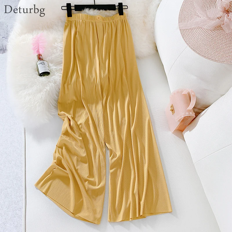 

Women's Elegant Solid Color Tencel Pants 2019 Summer Beach Elastic High Waist Pleated Ankle-Length Trousers Wide Leg Pants PA55