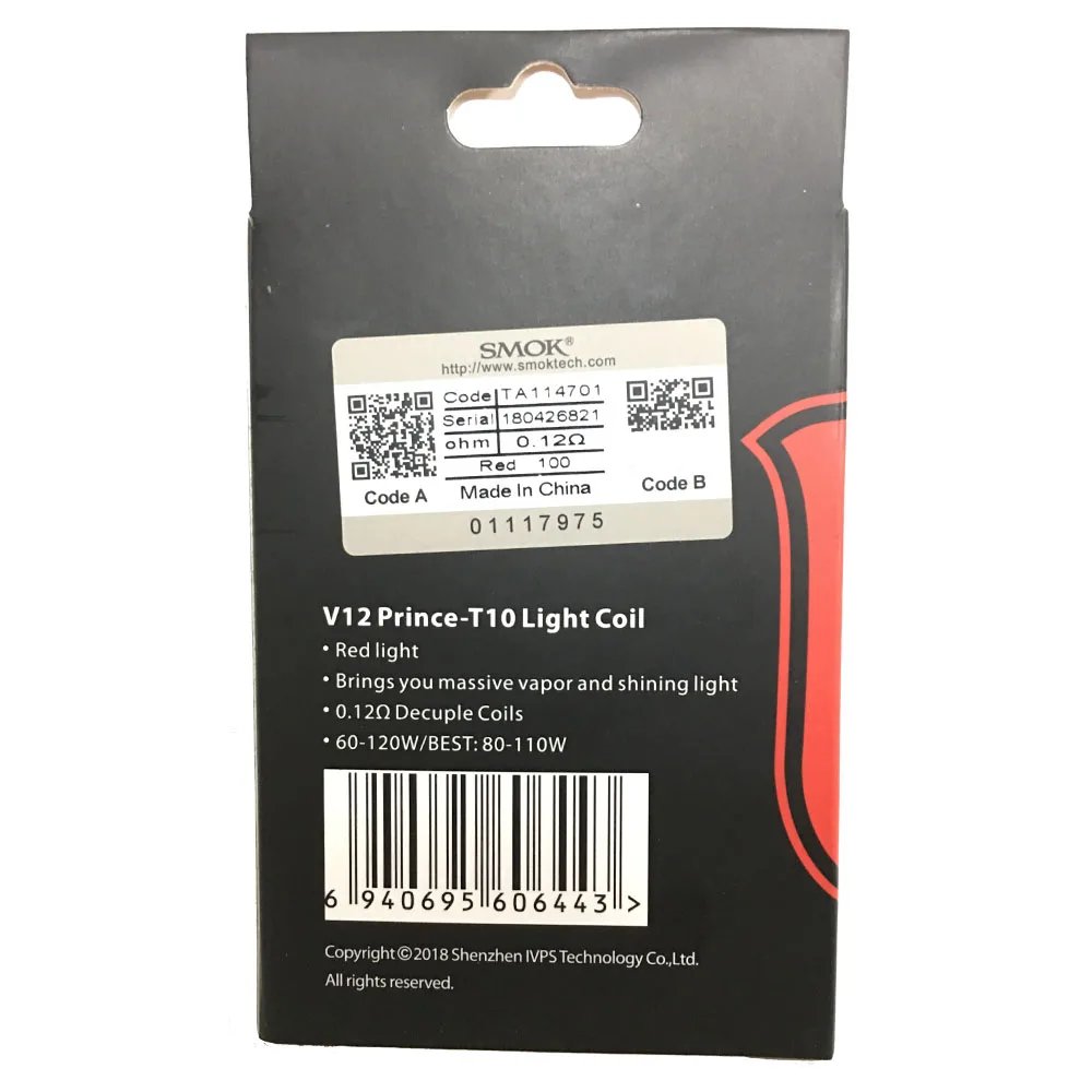 3 шт./лот SMOK TFV12 Prince T10 красный светильник V12 катушка 0.12ohm Vape головное ядро для Tank Resa