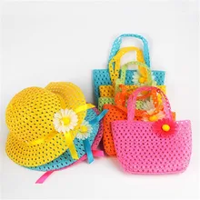 Милая разноцветная летняя Солнцезащитная шляпа для девочек, детская соломенная шляпа, пляжная сумка для шляп, сумка-тоут с цветами, сумки, костюм, новинка
