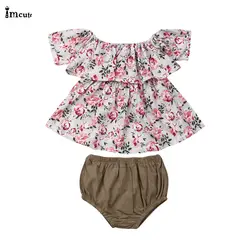 Одежда для маленьких девочек Повседневный хлопковый зеленый топ с цветочным принтом и оборками, платье и шорты, комплект летней одежды из 2