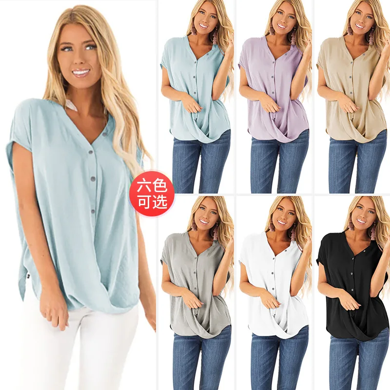 

T shirt women 2019 summer style v-neck button bat sleeve loose snow spins unlined upper garment tshirt vestidos LX1508