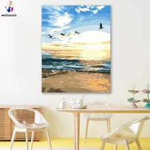 DIY раскрашивания фотографии по номерам с цвета приморский, Чайка, восход пейзаж Рисунок Живопись по номерам оформлена