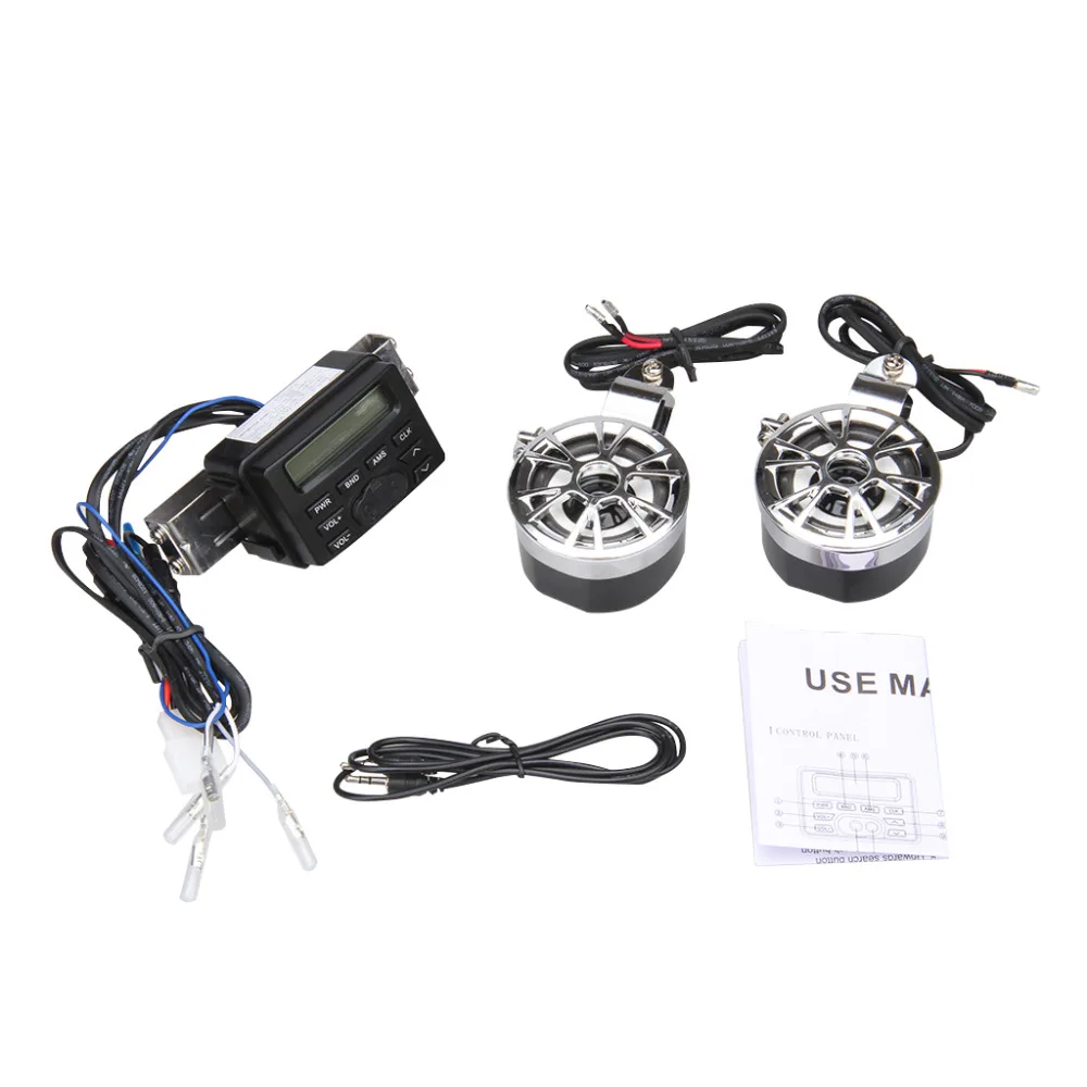 Motorcycle Sound Audio Radio System Handlebar 12V Full-band FM Stereo 2 Speakers ATV Bike With 3.5mm AUX Jack to Link MP3 Device