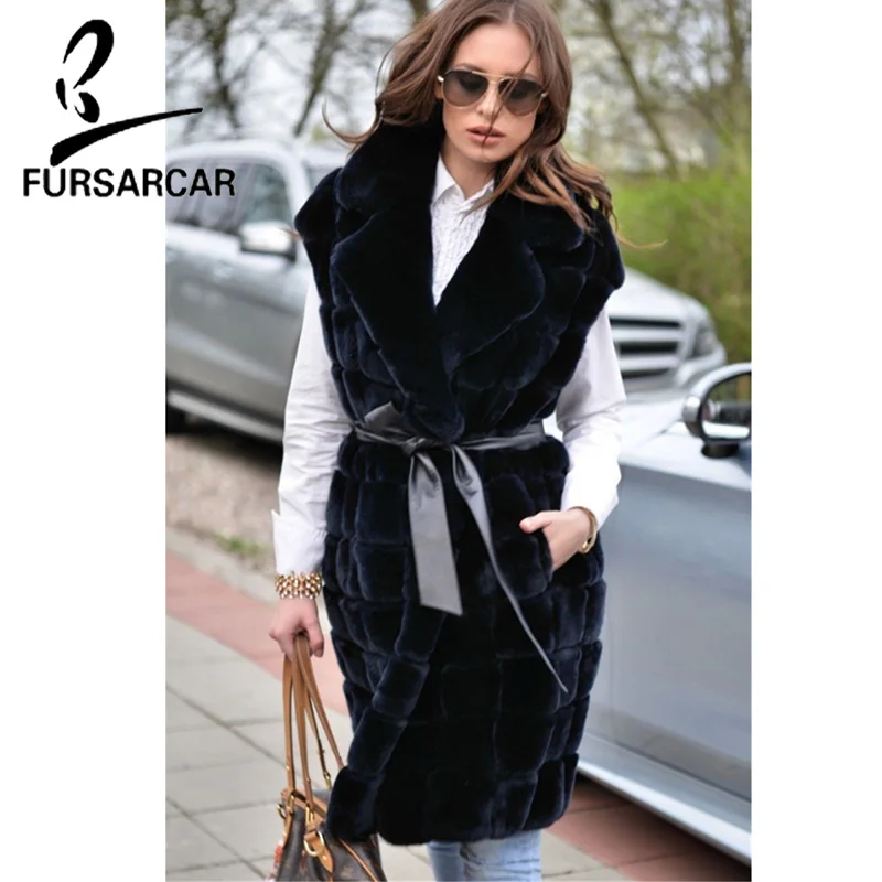

FURSARCAR 2019 Luxury Winter Rex Rabbit Real Fur Jacket For Women Warm Coat Fashion 90cm Long Black Natural Fur Vest Streetwear
