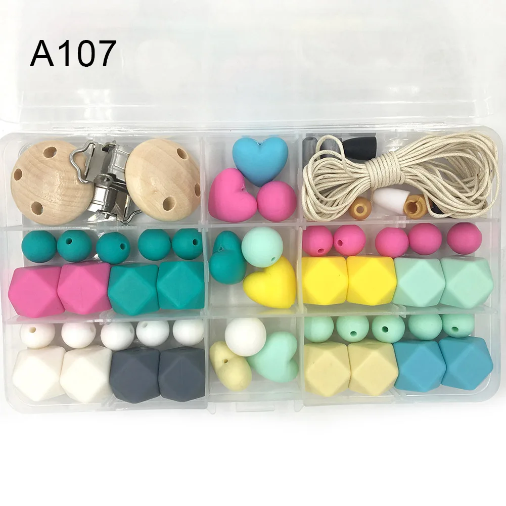 

1 Box Silicone Teether Baby DIY Crafts Set Pacifier Clips Crib Toy Safe Beads Teething Necklace Pendants Kits YH-17