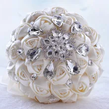 Bling кристалл украшенный искусственный атлас розы свадебные букеты цветы кристалл брошь ручной работы индивидуальный букет