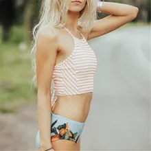 Летние женские двухсекционные купальники новые женские полосатые кружевные топы с высокой талией с цветочным принтом Пляжная одежда Наборы бикини