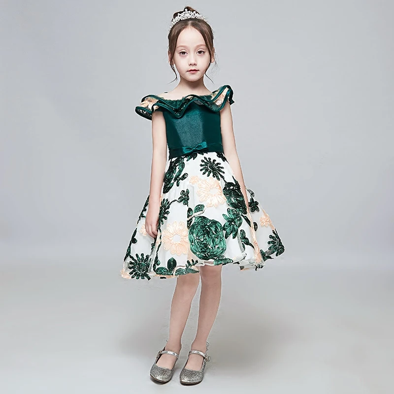 

First Communion Party Dress Shoulderless Princess Girls Wedding Costume Clothing Printed Ball Gown Dresses for Children S224