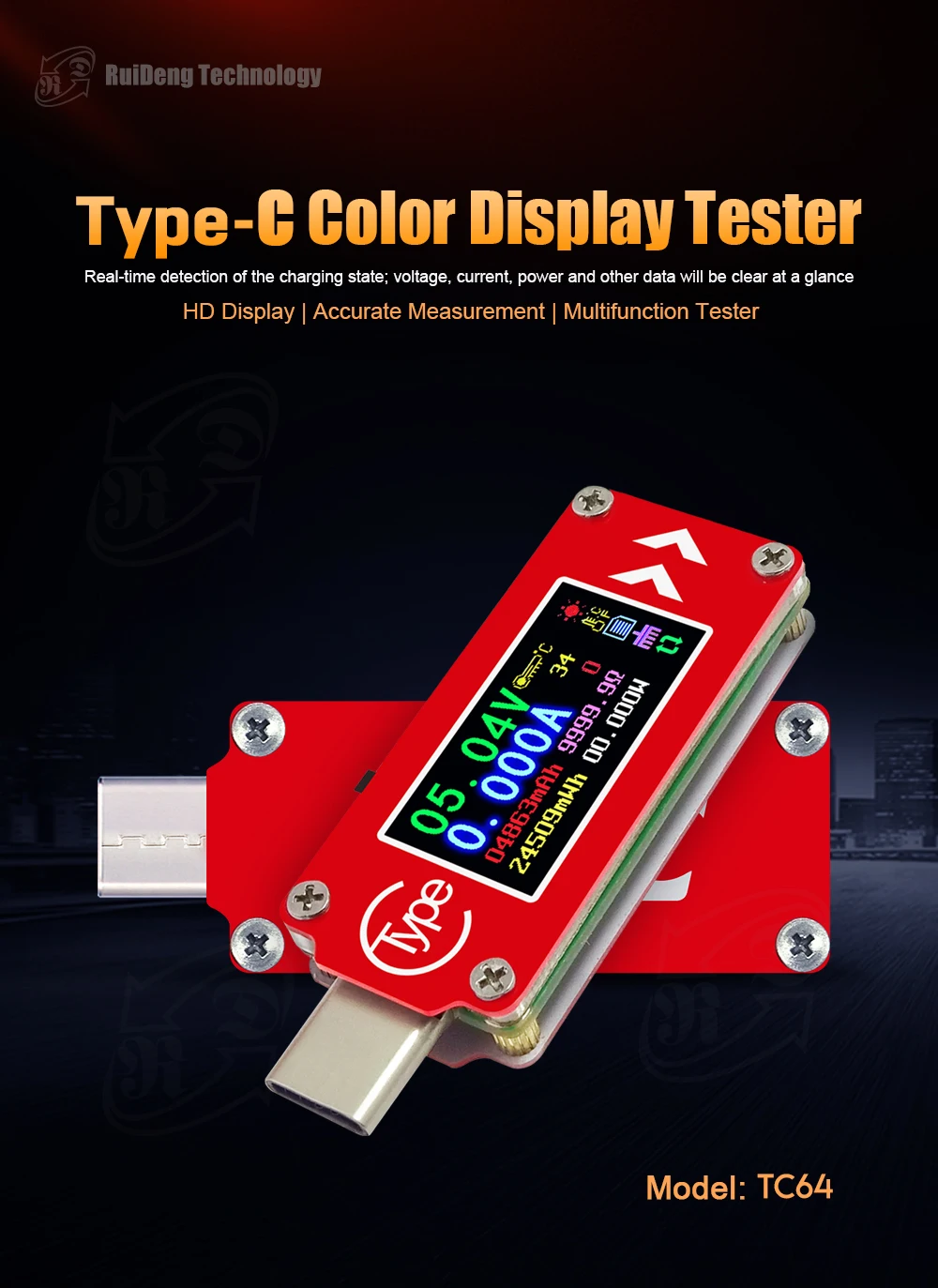 RD TC64 тип-c цвет ЖК-дисплей USB Вольтметр Амперметр Напряжение измеритель тока мультиметр батарея PD зарядки запасные аккумуляторы для телефонов USB Тестер