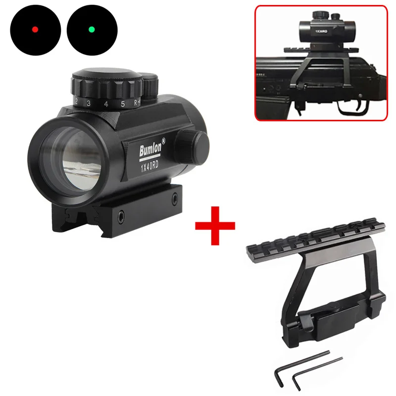 

Red Green Dot Sight Scope Hunting Airsoft Collimator with AK 74 Rail Side Mount Quick QD Style 20mm Detach Rail Lock Scope Mount