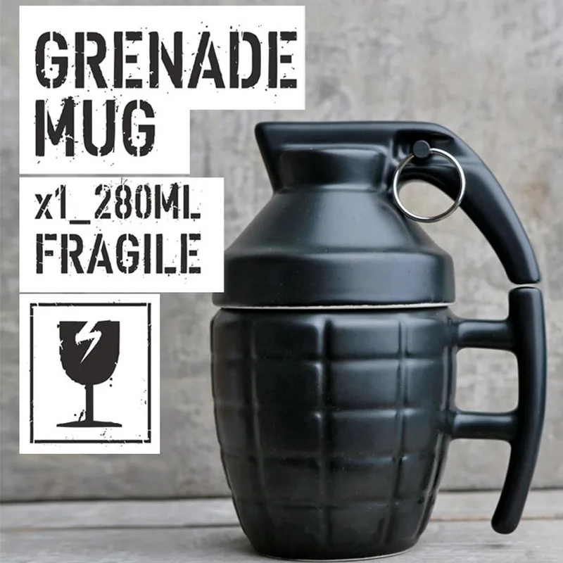 1Piece Free Shipping White and Black with Lid Hand Grip Hand Grenade Design Ceramic Mug Cup