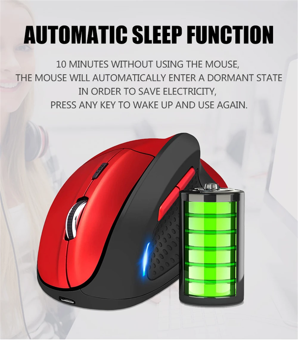 2.4G Wireless Mouse Rechargeable Ergonomic Vertical Gaming Mouse 6 DPI Level Up To 4800DPI for PC Laptop MacBook THU 18