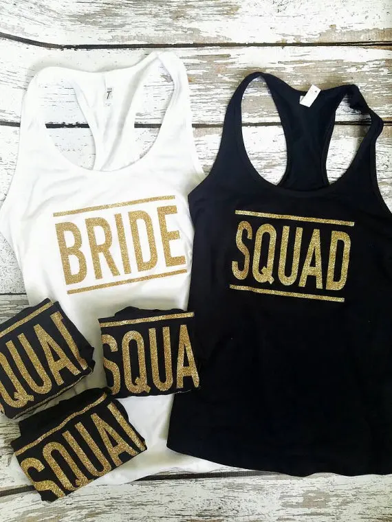 

personalize gold glitter Bridesmaid Bride Squad Tanks tops tees Hen night Bachelorette bridal shower t Shirts Party favors