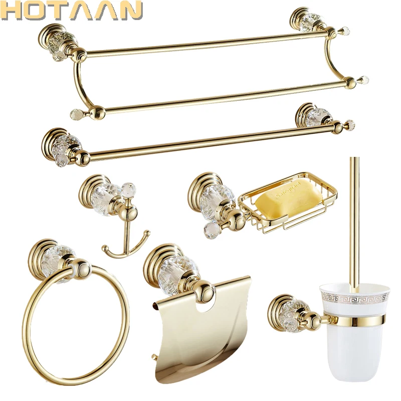 Luxury Crystal Silver Bathroom Accessories Set Gold Polished Brass Bath