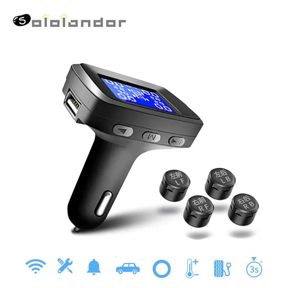 

Car Tire Pressure Monitoring System Cigarette Lighter Plug TPMS LCD Display Waterproof 4 External Internal Sensors USB Charging