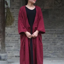 Китайский стиль, длинное кимоно, блуза, рубашка для женщин, винтажная, хлопок, лен, длинная рубашка, плюс размер, кимоно, блузка, топы, халат, D055