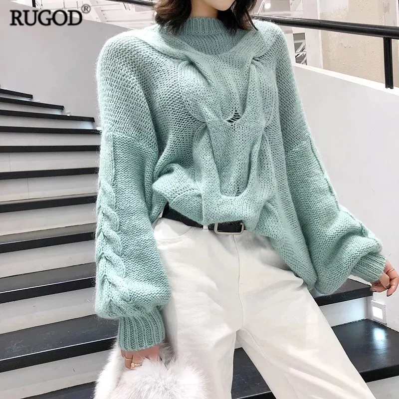 

RUGOD Fashion Autumn Winter Solid Pullover Women Plus Size Hand-made Mohair Lazy Loose Knitted Sweater Twist Pattern Jumper 2019