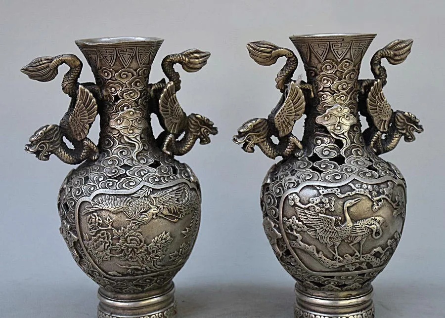 8/" Marked Chinese Bronze Dragon Phoenix Bird Auspicious Lotus Bottle Vase Pair