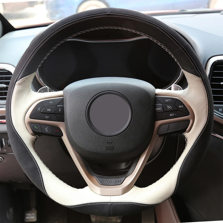 Прошитый вручную черный замшевый белый кожаный Противоскользящий автомобильный чехол на руль для Jeep Grand Cherokee