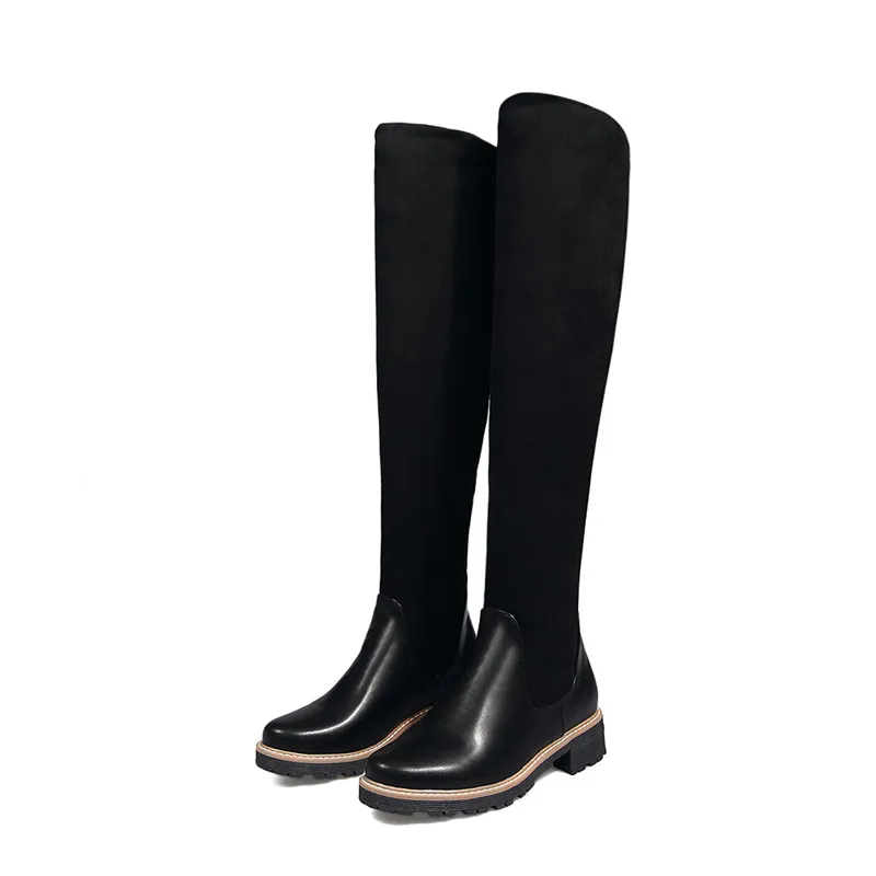 YMECHIC Ladies Stretch Flock Knee High Knight Riding Boots Female Black Chunky Heels Women Long Botas Plus Size Shoes Autumn