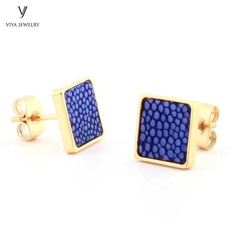 Mixed Color 5 Pairs(10pcs)The Newest Square Stingray Women Earring Studs Genuine Colorful Stingray Leather Earrings For Women