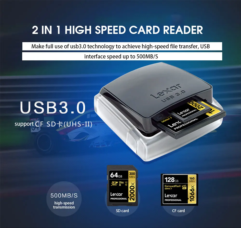 Популярный Lexar fashion 2 в 1 Высокоскоростной USB 3,0 с двумя слотами считыватель для sd-карт/карта памяти устройство для чтения карт памяти