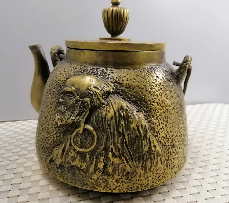 Антикварный медный чайник MingDynasty, резной характер, украшение дома, лучшая коллекция и украшение