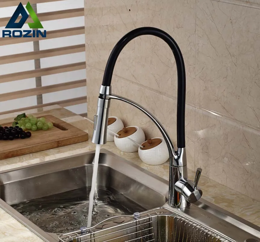 Deck Mount Black Hose Kitchen Mixer Taps Single Handle Stream Sprayer Kitchen Faucet Chrome Finish with