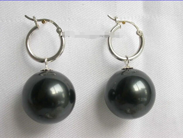

Free shipping 20mm Tahitian Black round sea shell pearls earring 925s