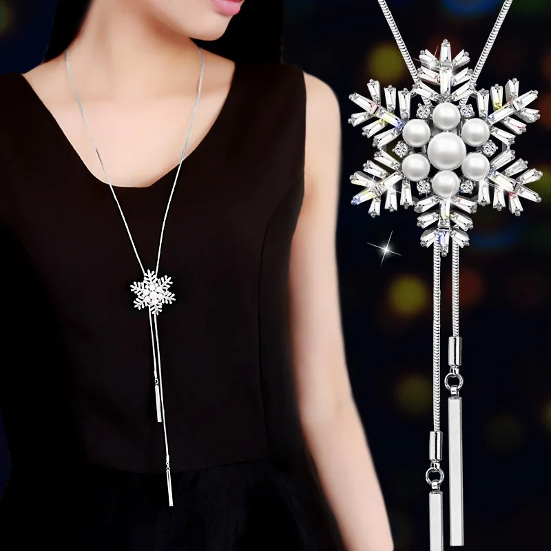 

Fashion Korean 2019 New Sweater Necklace Temperament Lady Crystal Snowflake Pearl Long Gift Necklace Wholesale Long Necklace