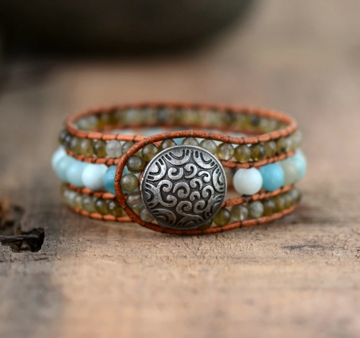 

Womens Boho Bracelets Labradorite Amazonite Leather Cuff Bracelet Semi Precious Stone Beaded Statement Bracelet Dropshipping