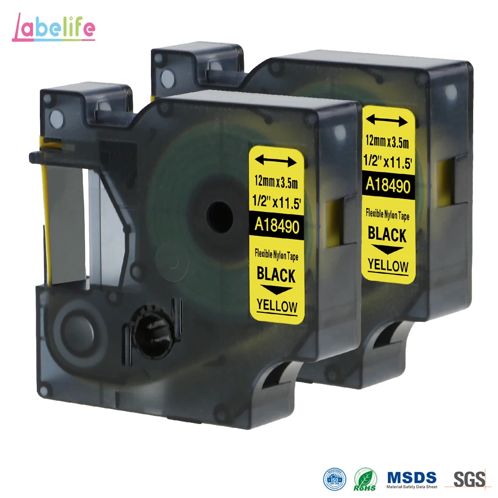2 Pack 18490 For DYMO Rhino Flexible Nylon Label S0718080 Black on Yellow 12mm Industrial Labels