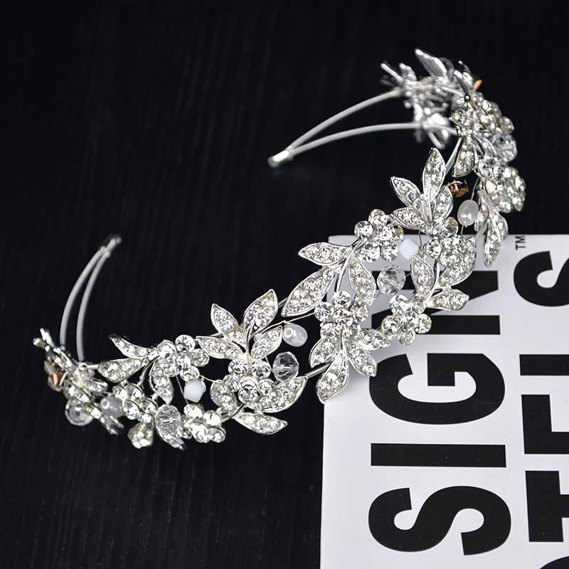  New Rhinestone Crystal Tiara Pearl Princess Headband For Bride Hair Accessories Queen Wedding Diade
