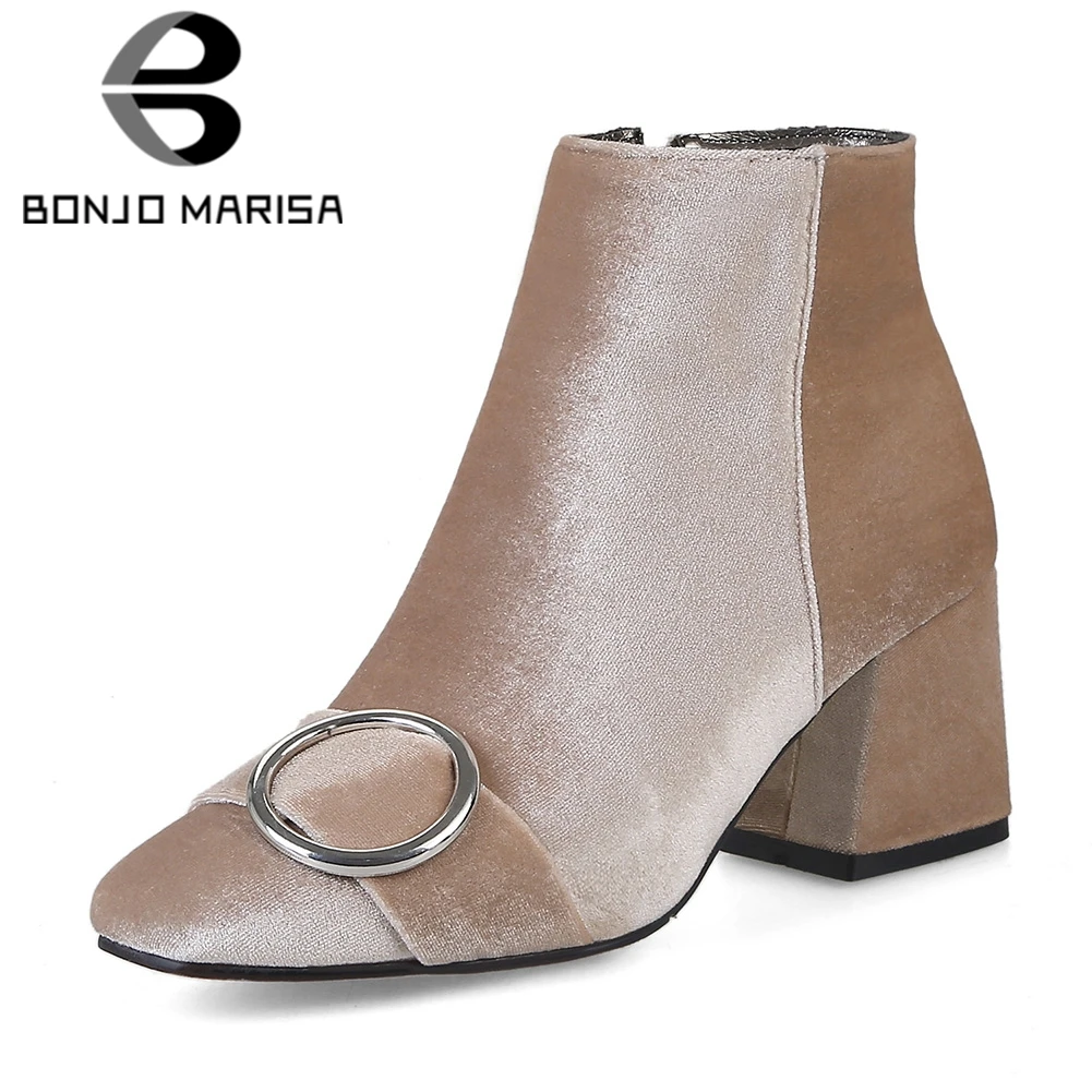 

BONJOMARISA 2020 Spring New Dropship Plus Size 32-48 Women Velvet Ankle Booties Eleagnt Buckle Decorate High Heels Shoes Woma