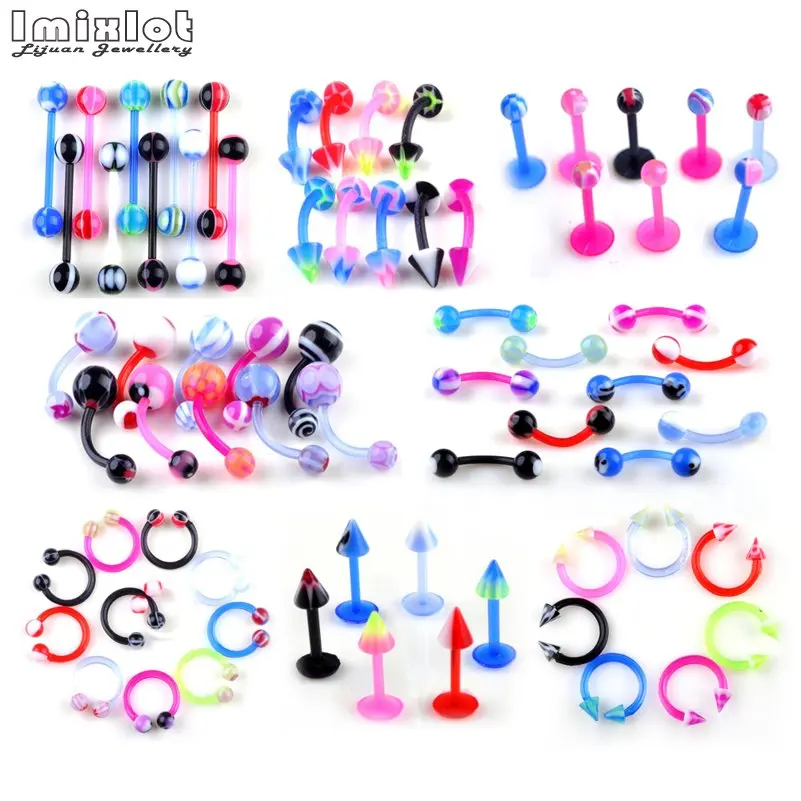 

Imixlot 10Pcs UV Flexible Eyebrow Navel Belly Lip Tongue Nose Piercing Bar Ring Labret Barbell Tunnel Body Jewelry Wholesale