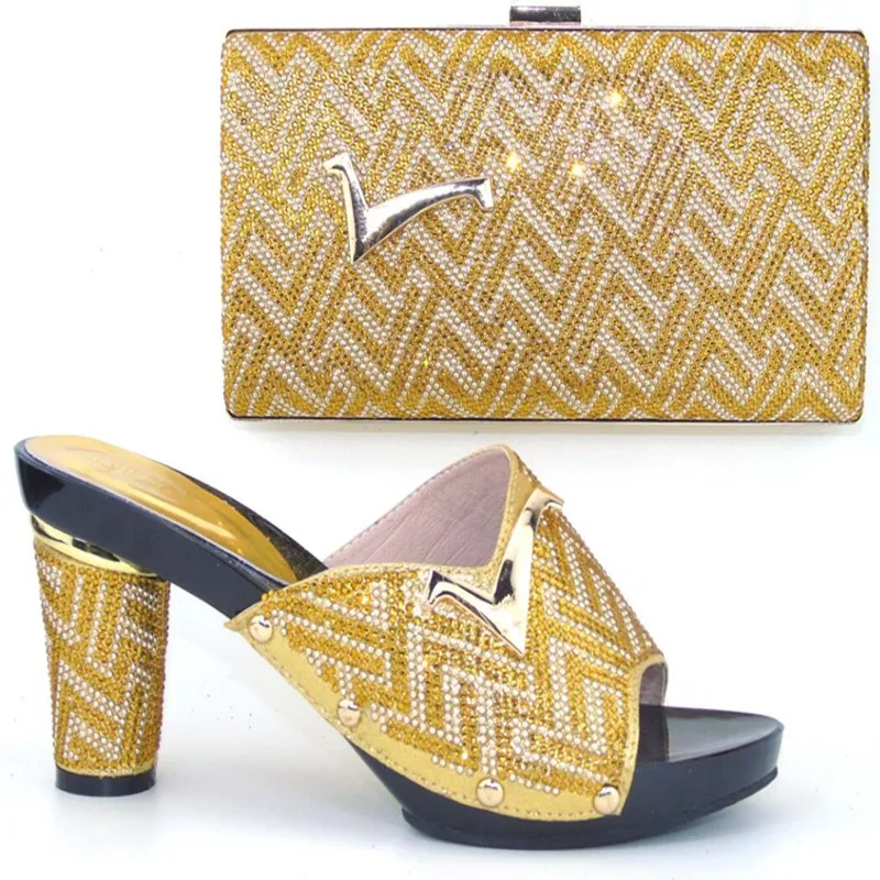 Italian Shoe With Matching Bag New Design African Shoe And Bag  gold color for party bag set 9cm heel H16103014