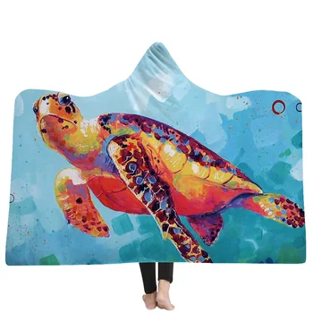 

Watercolor Animal Sea Turtle Fleece Hooded Blanket for Adult Warm Sherpa Velvet Wearable Blanket Microfiber Bedding Throw