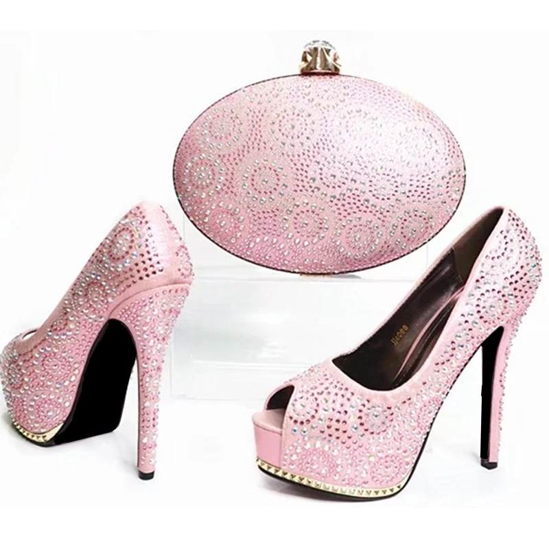 New Pink Color Matching Shoes and Bag Set Decorated with
