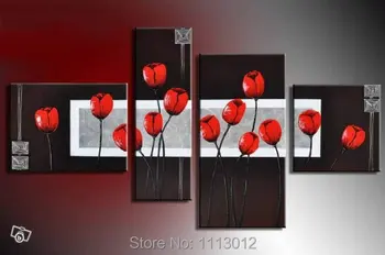 

Modern Red Tulips Flower Oil Painting Abstract Art 4 Piece Multi Panel Artwork Hand Painted Picture Home Decor For Living Room
