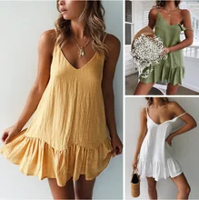 ZOGAA 2019 Causal Solid V-neck Dresses Ruffles Knee-Length Party Dress Sleeveless A-Line Spaghetti Strap Summer Dress kids girls summer dress red yellow solid color o neck flowers pattern a line knee length regular sleeveless girl dresses 5ds274