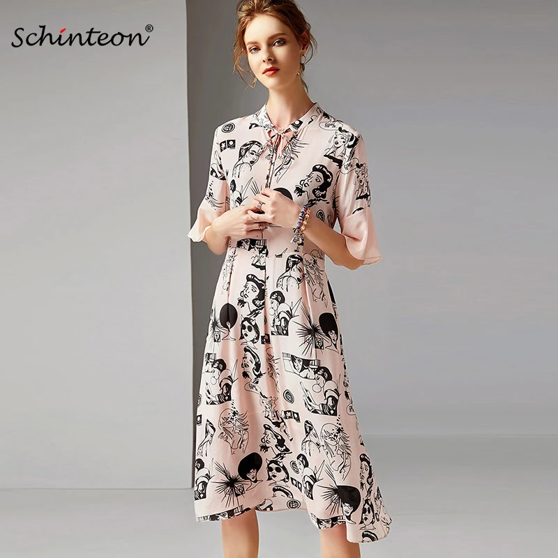

2019 New Arrival Schinteon 100% Real Dress V-Neck Flare Half Sleeve Elegant Print Dress Pink M-2XL
