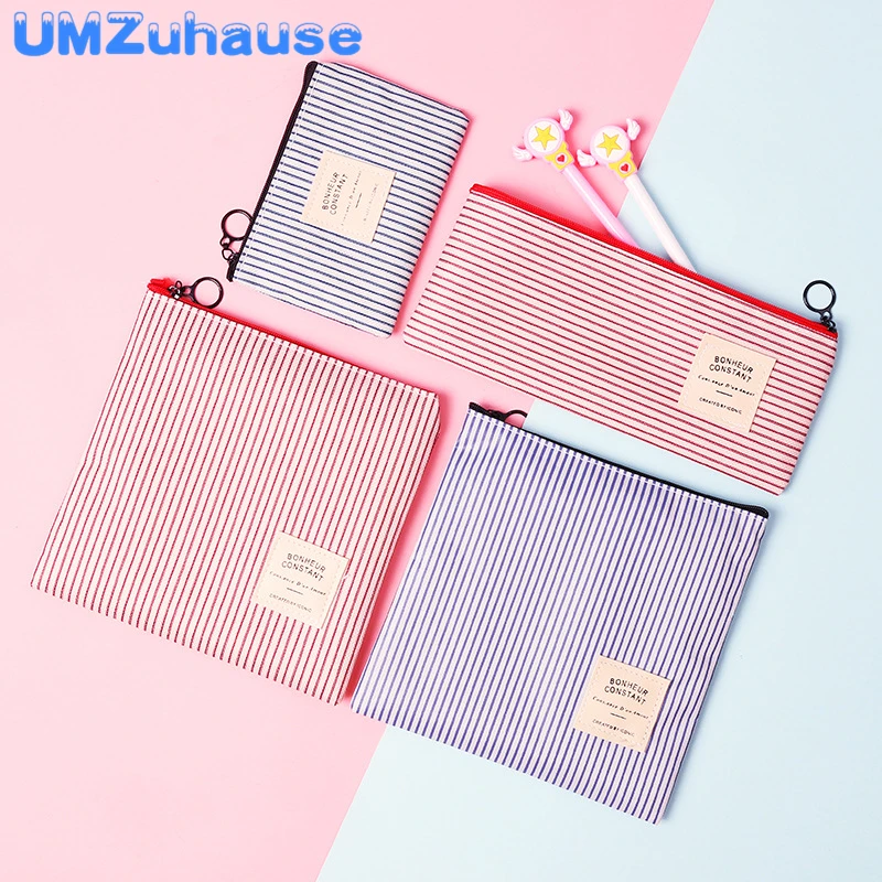 

Pencil Purse Document Storage Bag Pouch Wallet Cosmetic Striped Case Organizer Home Office School Pen Desktop Table Organization