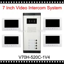 V70H-520C-1V4 Nueva 7 “vídeo Apartamento Teléfono De La Puerta de Intercomunicación Kit 4 Monitores 1 Cámara Al Aire Libre para 4 Familia Blanco + Sistema de Acceso