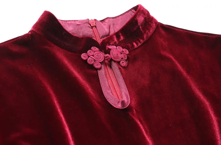 Китайское стильное платье Чонсам весеннее женское Плиссированное длинное платье с высокой горловиной винтажное темно-красное бархатное платье с высокой талией и поясом