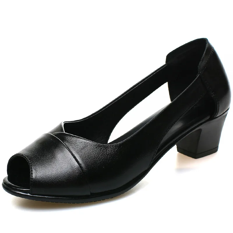 

2019 Summer Genuine Leather Comfortable Ladies Mid Heel Sandals Women Shoes Hollow Peep Toe Square Heel Sandals Woman Black