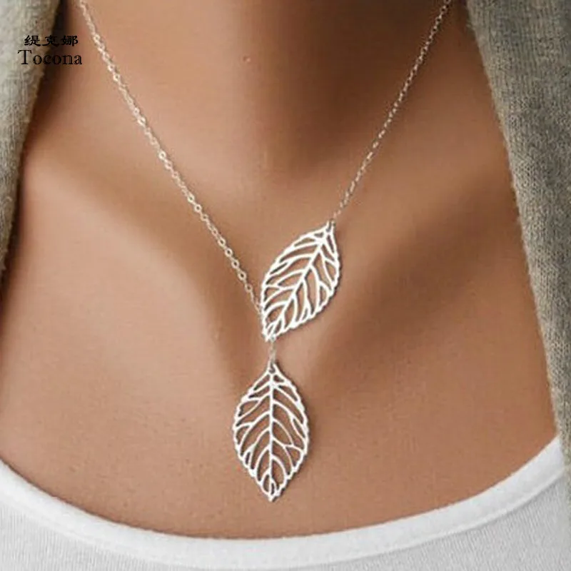 

Tocona Vintage Double Leaves Pendant Necklaces Collier Femme Clavicle Chain Women Collares Necklace 5369